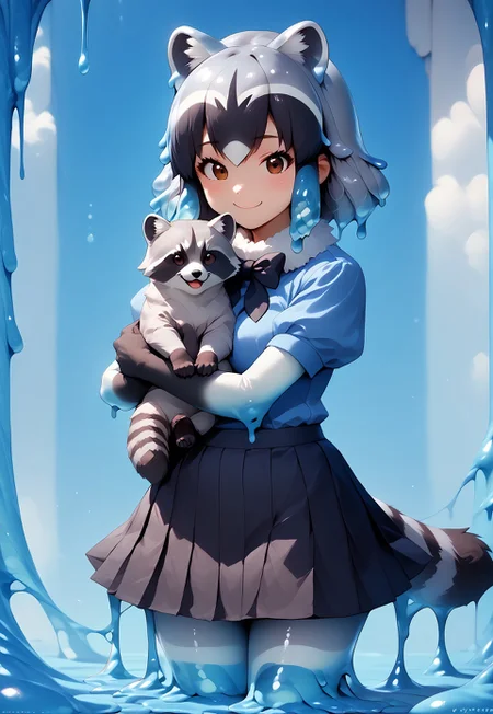 score_9_up, high quality, detailed, (((Common Raccoon slime girl (Kemono Friends),))), raccoon ears, brown eyes, bangs, multicolored hair, tail, raccoon tail, grey hair, black hair, black bowtie, puffy short sleeves, black gloves, elbow gloves, fur collar, pleated skirt, black skirt, blue shirt, pantyhose, black shoes, feral raccoon, p3tl0v3, holding raccoon, happy, hugging raccoon