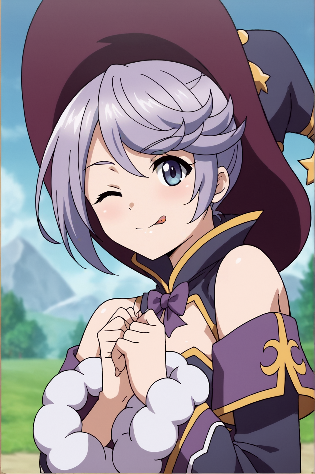 score_9, score_8_up, score_7_up,anime_source, source_anime, best background, detailed background, anime screencap,  Mage, Main Outfit, upper body, portrait, tongue out, one eye closed, <lora:JN_Mage:0.8>