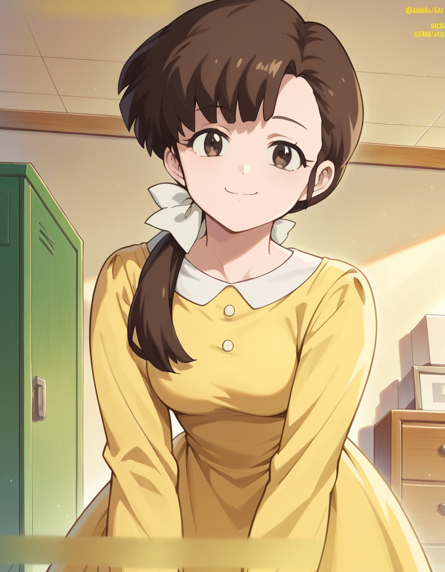 score_9, score_8_up, score_7_up, source_anime, <lora:kasumi-tendou-leak-ponyxl-lora-nochekaiser:1>, kasumi tendou, long hair, hair bow, bangs, hair over shoulders, brown hair, brown eyes, white bow,, long sleeves, dress, yellow dress,, indoors, bent over, smile, smug, looking at viewer, solo,, cowboy shot, dutch angle