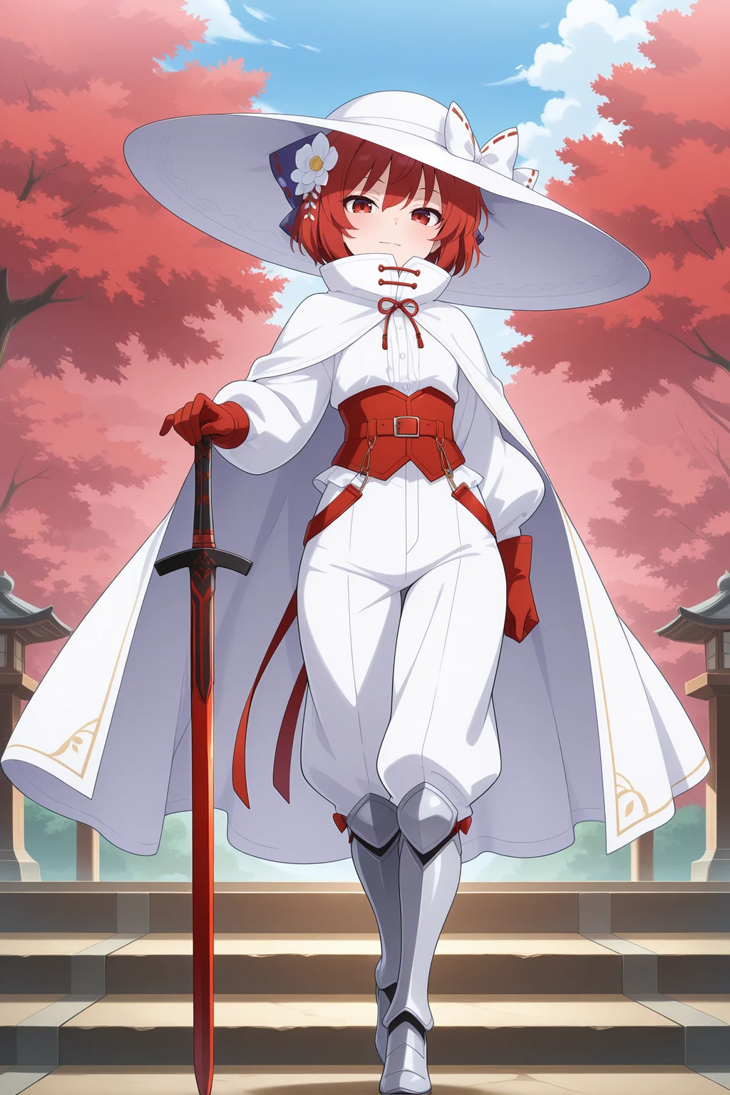 absurdres, highres, masterpiece, best quality, amazing quality, official anime artwork, screencap, anime screencap, outdoors, looking at viewer, light smile, dynamic pose,
<lora:Sekibanki_Illustrious:1> sekibanki, 1girl, solo, red eyes, red hair, short hair,, alternate costume, white hat, oversized hat, hat bow, egasumi, hair flower, hair ornament, white flower, high collar, high heels, red belt, ribbon-trimmed bow, white bow, white shirt, long sleeves, puffy sleeves, white pants, white cape, red gloves, armored boots, silver boots, hand on hilt, sword
willow,