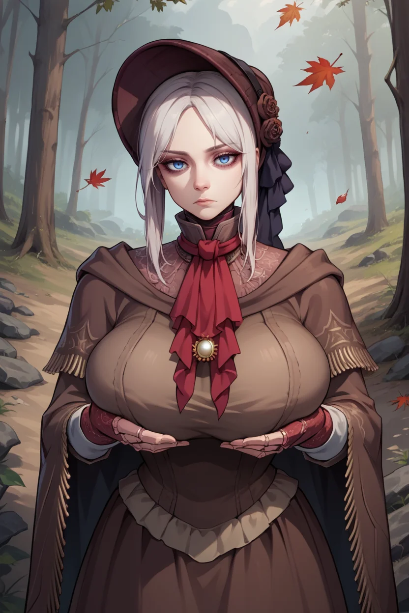 score_9, score_8_up, source_7_up, source_anime BREAK 1girl  <lora:plaindoll-pdxl-nvwls-v1:1> plaindoll, white hair, doll joints, bonnet, red ascot, brown cloak, brown dress, gloves, looking at viewer, expressionless, forest, trees, fallen leaves, dark skies, grey sky, desaturated, muted palette, expressionless, huge breasts, breast lift, looking at viewer