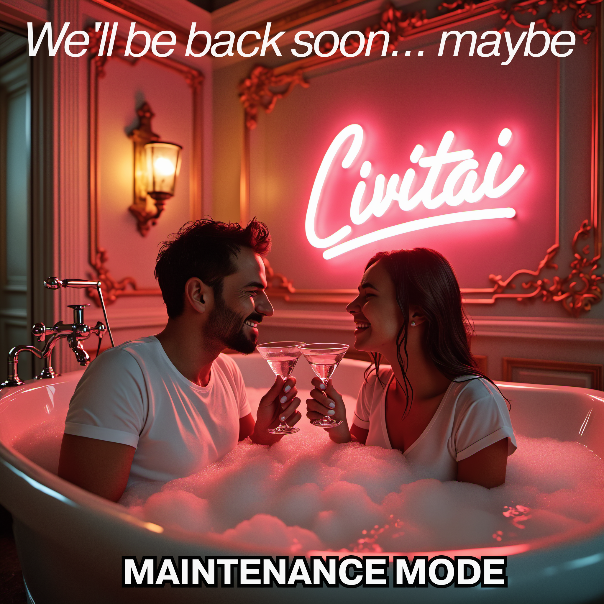 overly ornate baroque decor luxury bathroom with jacuzzi bathtub, a sign on the wall says "Civitai" in pink neon, A man and a woman are sitting in a bathtub in water and soap suds, wearing wet white T-shirts, holding a martini glasses in their hand, looking at each other and laughing. tag line at the top with the text "We'll be back soon... maybe", text at the bottom "MAINTENANCE MODE"