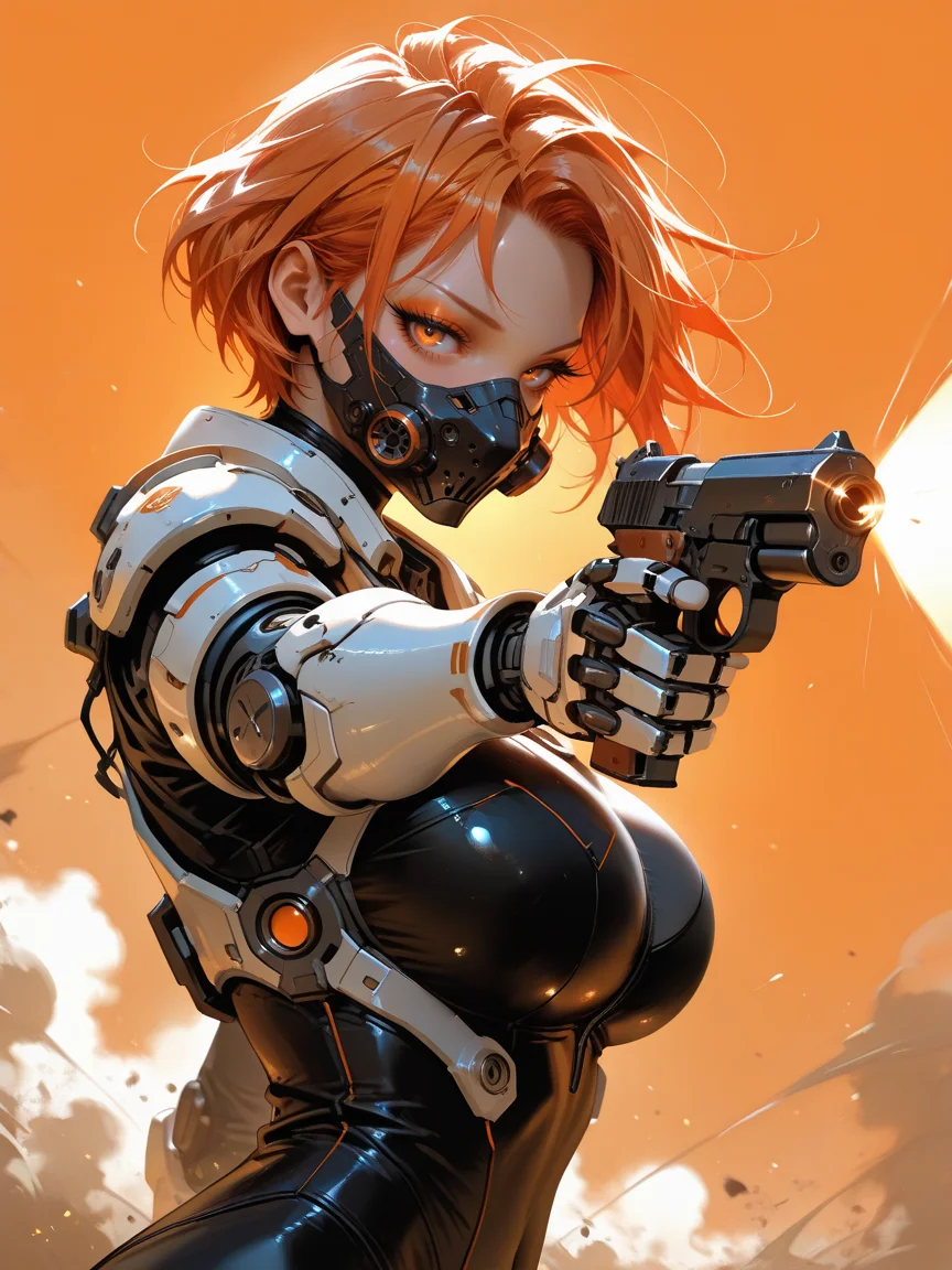 masterpiece, best_quality, amazing quality, newest,
2.8d, semi-realistic.
1beautiful woman, 30 years old, cyber mask, expressionless, sideways glance at viewer. long eyes, long eyelashes, eyeshadow. short hair, orange hair. big breasts, fat arm. wearing a soldier suit, armor, bodysuit, mechanical arm, science fiction. holding gun with one hand, aiming at viewer, gun action, muzzle. simple orange background, pro lighting, orange theme, dust. shoot from side, face focus, foreshortening, dynamic composition, dynamic angle. no lineart.
<lora:NijijourneyNoob_byKonan:0.4> <lora:Fant5yP0ny:0.8>