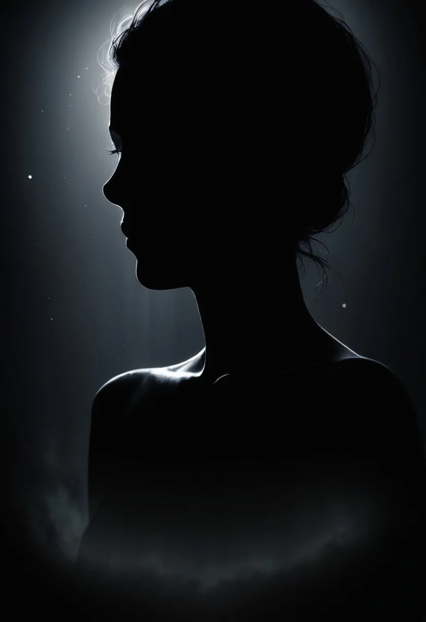 black background, dark photo, silhouette.  fading backlit background,amazing depth, intricately detailed, bokeh,  perfect balanced, deep fine borders, artistic photorealism , smooth,