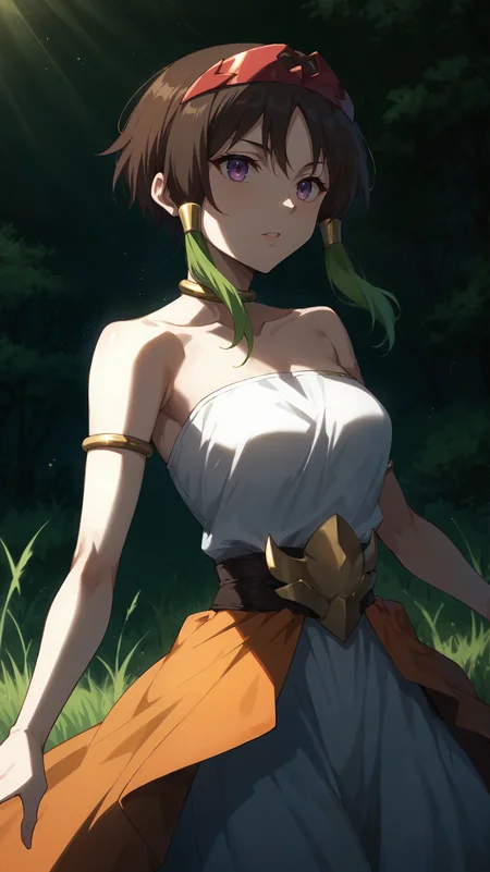 score_9,score_8_up,score_7_up,score_6_up, <lora:xl_more_art-full_v1:0.5>, source_anime, woman, dynamic pose, beckoning, <lora:Towa - Pony:0.8>, short hair, brown hair, green tips, colored tips, multicolored hair, hair tubes, red circlet, purple eyes, gold armlets, gold choker, white dress, gold belt buckle, orange waist cape, nature, light rays, tall grass,
