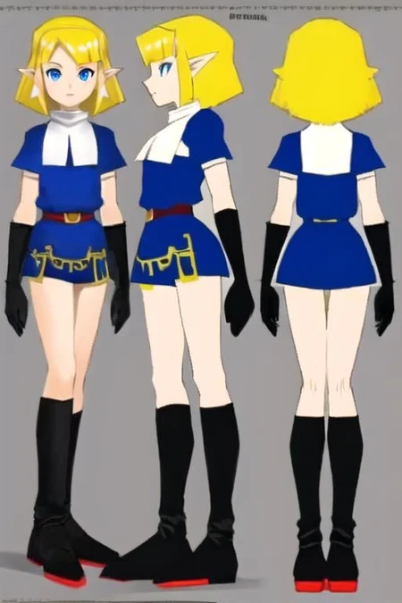 anime, girl, blonde, short hair, short shorts, short white shirt, shoes, gloves, blue eyes, simples, blackground, model sheet, chara-sheet, flat shadows, medieval fantasy, n64style, ocarinaoftime