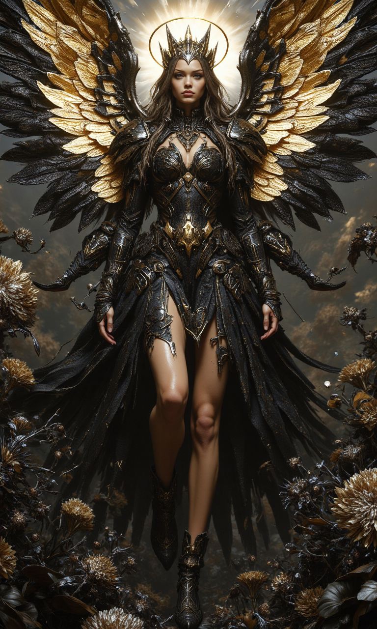 Surrealism, full body, cyberpunk Scandinavian (girl: 1.45) Low angle shot of feet, cyberpunk long hair, black-gold angel wings costume, barefoot, delicate face, crown-like halo floating above his head. Sexy and charming figure, dynamic landing pose, luxurious angel scene with black thorny floral ground, fascinating light and shadow mixture, dark tones<lora:flux1-D\flux.1_lora_flyway_Epic-Characters_v1.safetensors:0.6:1.0> <lora:flux1-D\flux.1_lora_flyway_ink-dynamic.safetensors:0.5:1.0> <lora:flux1-D\flux_realism_lora.safetensors:0.4:1.0> <lora:flux1-D\dvr-transformers-flux.safetensors:0.5:1.0>