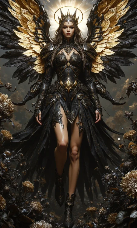 Surrealism, full body, cyberpunk Scandinavian (girl: 1.45) Low angle shot of feet, cyberpunk long hair, black-gold angel wings costume, barefoot, delicate face, crown-like halo floating above his head. Sexy and charming figure, dynamic landing pose, luxurious angel scene with black thorny floral ground, fascinating light and shadow mixture, dark tones<lora:flux1-D\flux.1_lora_flyway_Epic-Characters_v1.safetensors:0.6:1.0> <lora:flux1-D\flux.1_lora_flyway_ink-dynamic.safetensors:0.5:1.0> <lora:flux1-D\flux_realism_lora.safetensors:0.4:1.0> <lora:flux1-D\dvr-transformers-flux.safetensors:0.5:1.0>
