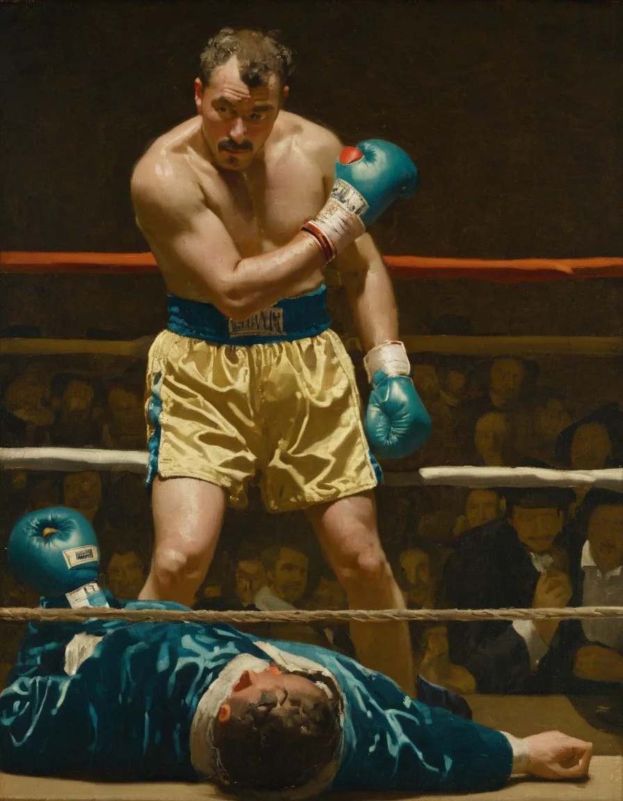 <lora:JohannesVermeerXL_v1:1> JohannesVermeerXL, a man in a boxing ring, man lying on the floor