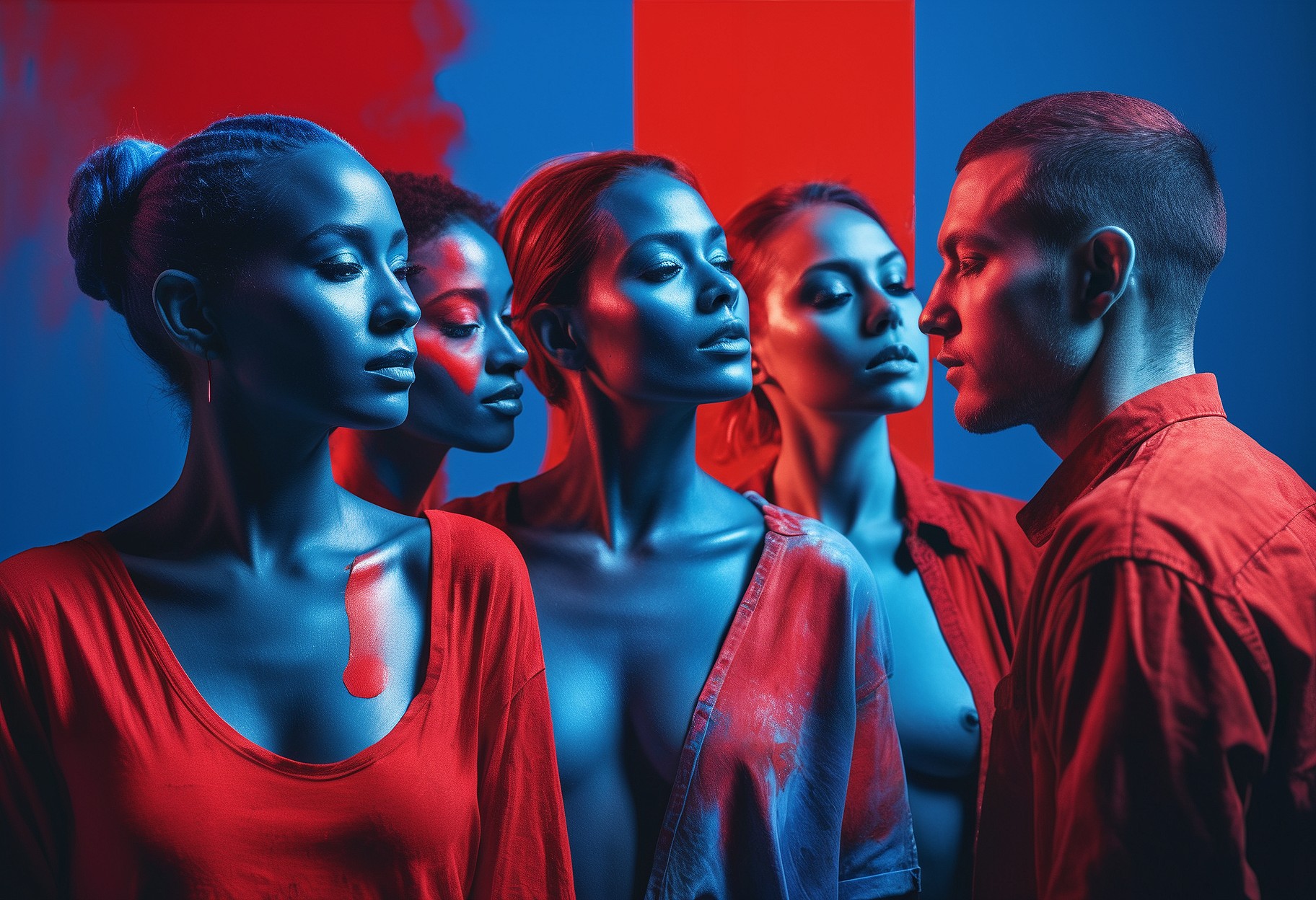 a picture of a Group of people, in the style of vibrant collage, color photography, spray painted, exotic, light indigo and red, close-up, studio photography, negative colors, split tones