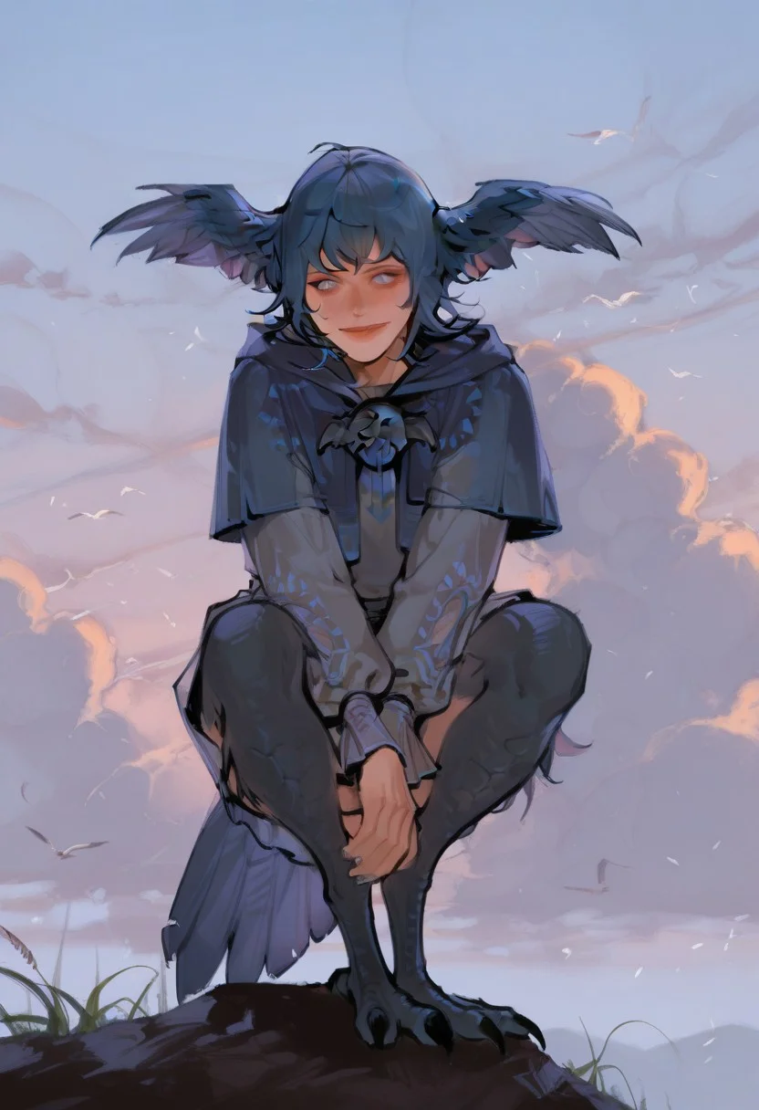 best quality, detailed face, detailed eyes, , solo,
by kp, usnr
1girl, Meteion , final fantasy 14, meteionFF14, bird girl, blue eyes, blue hair, head wings, feather, short hair, bangs, brooch, blue capelet, dress, long sleeves, bird legs, monster girl, talons, bird tail, random pose detailed background, sky, clouds,