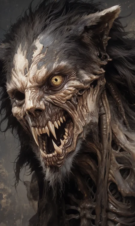 A hyper-realistic cgi profile of a skeletal wolf with gaping jaws sharp teeth and a yellow eye disheveled fur fused half with a (human:1.1) set against a dark smoky background. The lighting accentuates the bone's texture and eerie atmosphere., <lora:- NAI - ac_illustration_V1.0-step00011000:.2> <lora:- NAI - PdJ_highres_counterweight_V.2.0-step00021000:0.7>