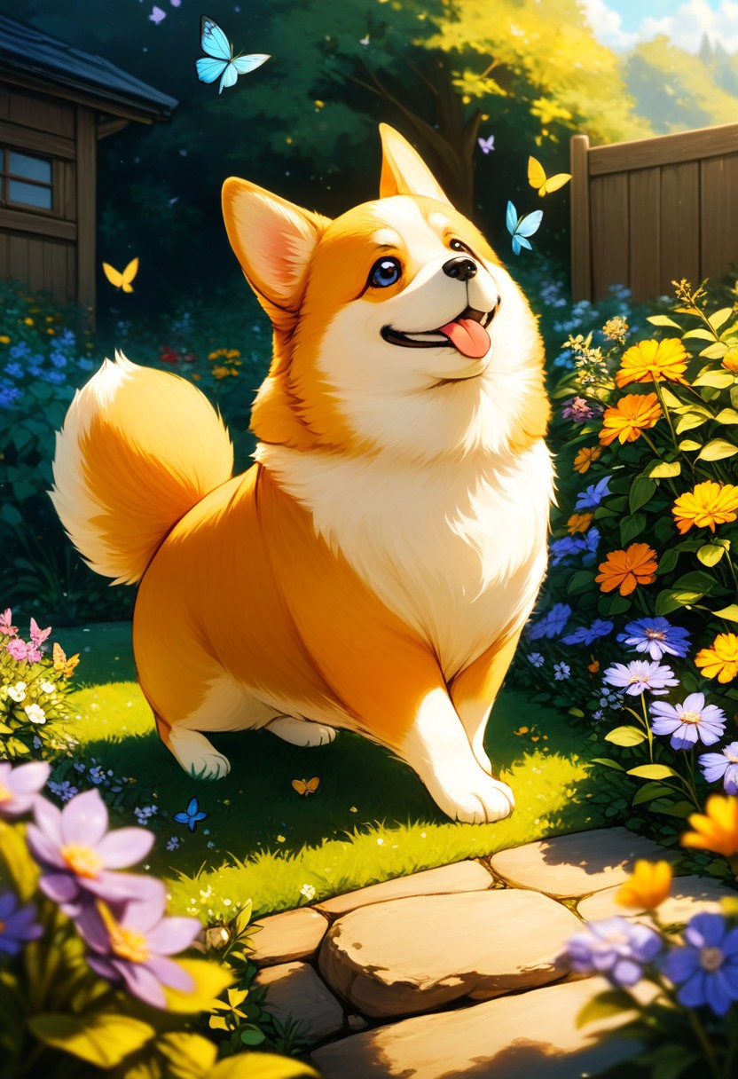 a butterfly lands in a corgi dog's nose, garden, happy dog, smiling, detailed background, masterpiece, highres, 4k, 8k