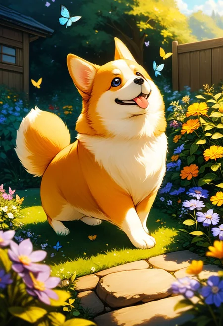 a butterfly lands in a corgi dog's nose, garden, happy dog, smiling, detailed background, masterpiece, highres, 4k, 8k