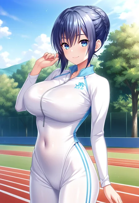 masterpiece, best quality, amazing quality,tsugumi kusakabe, blue eyes, short hair, blue hair, french braid, single hair bun, 1girl, solo,breasts, large breasts, covered navel,white bodysuit,long sleeves,closed mouth, smile, standing,looking at viewer, cowboy shot,outdoors, track and field, tree, gras,5 fingers <lora:tsugumi kusakabeV1:0.8>