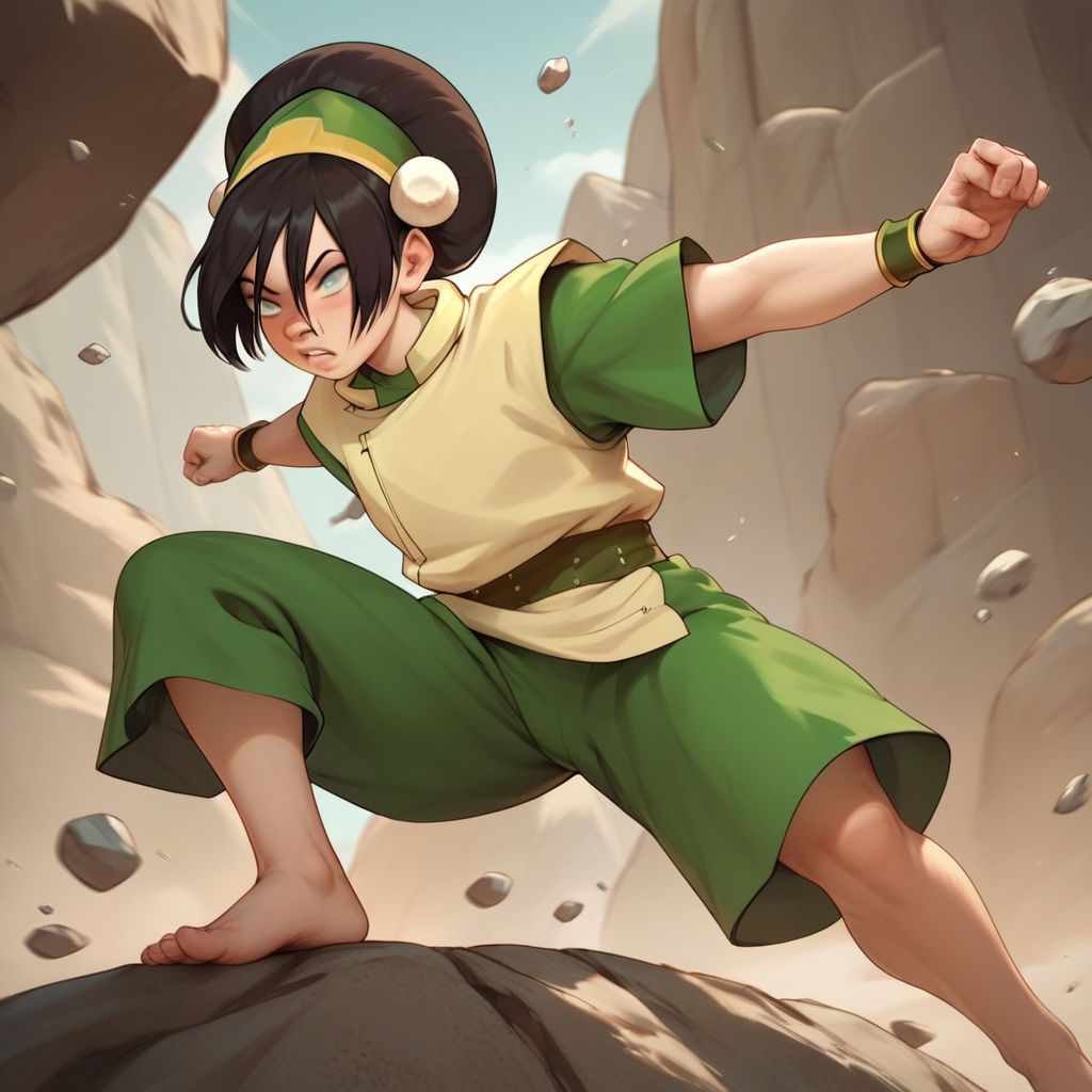 score_9, score_8_up, score_7_up, score_6_up, score_5_up, score_4_up, rating_explicit, 1girl, Toph, blind, fighting stance, surrounded by floating rocks, flying rocks, barefoot, rocky terrain