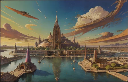 (Masterpiece), artwork, moebius steampunk, a picture of a huge lively aztec port, in the background a beautifull city in a hilly landscape, domes and temples dominating the skyline, flying steampunk airships in a clouded sky, in the harbour steampunk-cruiser arriving and leaving, the harbour entrance is guarded by the statue of a colossus, best quality, ultra high res, cinematic lighting, dramatic lighting, glorious, imperious, fantastic, spectacular, dslr, ultra quality, sharp focus, tack sharp, dof, film grain, technicolor, Fujifilm XT3, photorealistic, 8K UHD <lora:Don_Lawrence_Storm_v1:0.6>, dlstormstyle, <lora:Moebius:0.9> <lora:Nouveau_last:0.6>, art nouveau Style,