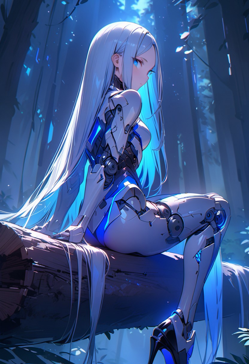((masterpiece), (best quality), (ultra-detailed), 
illustration, 3DMM,
1woman, deep blue eyes, blue hair , very long hair, forehead, black footwear, high heels, sitting, looking at viewer, trees, sitting on log, night sky, stars, forest, futuristic,  hand prosthesis, scifi , lrg prosthesis, glossy, armor, cyborg,  perfect body, silver and blue glow,  mechanical joints, from back,
 ,blue neon, prostheses, cyber prostheses, tilted back, from downstairs, reaching for viewer)