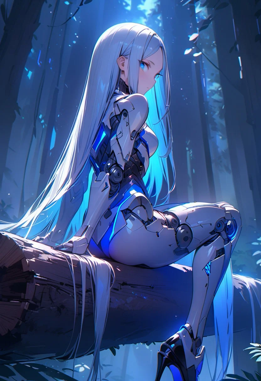 ((masterpiece), (best quality), (ultra-detailed),
illustration, 3DMM,
1woman, deep blue eyes, blue hair , very long hair, forehead, black footwear, high heels, sitting, looking at viewer, trees, sitting on log, night sky, stars, forest, futuristic, hand prosthesis, scifi , lrg prosthesis, glossy, armor, cyborg, perfect body, silver and blue glow, mechanical joints, from back,
,blue neon, prostheses, cyber prostheses, tilted back, from downstairs, reaching for viewer)