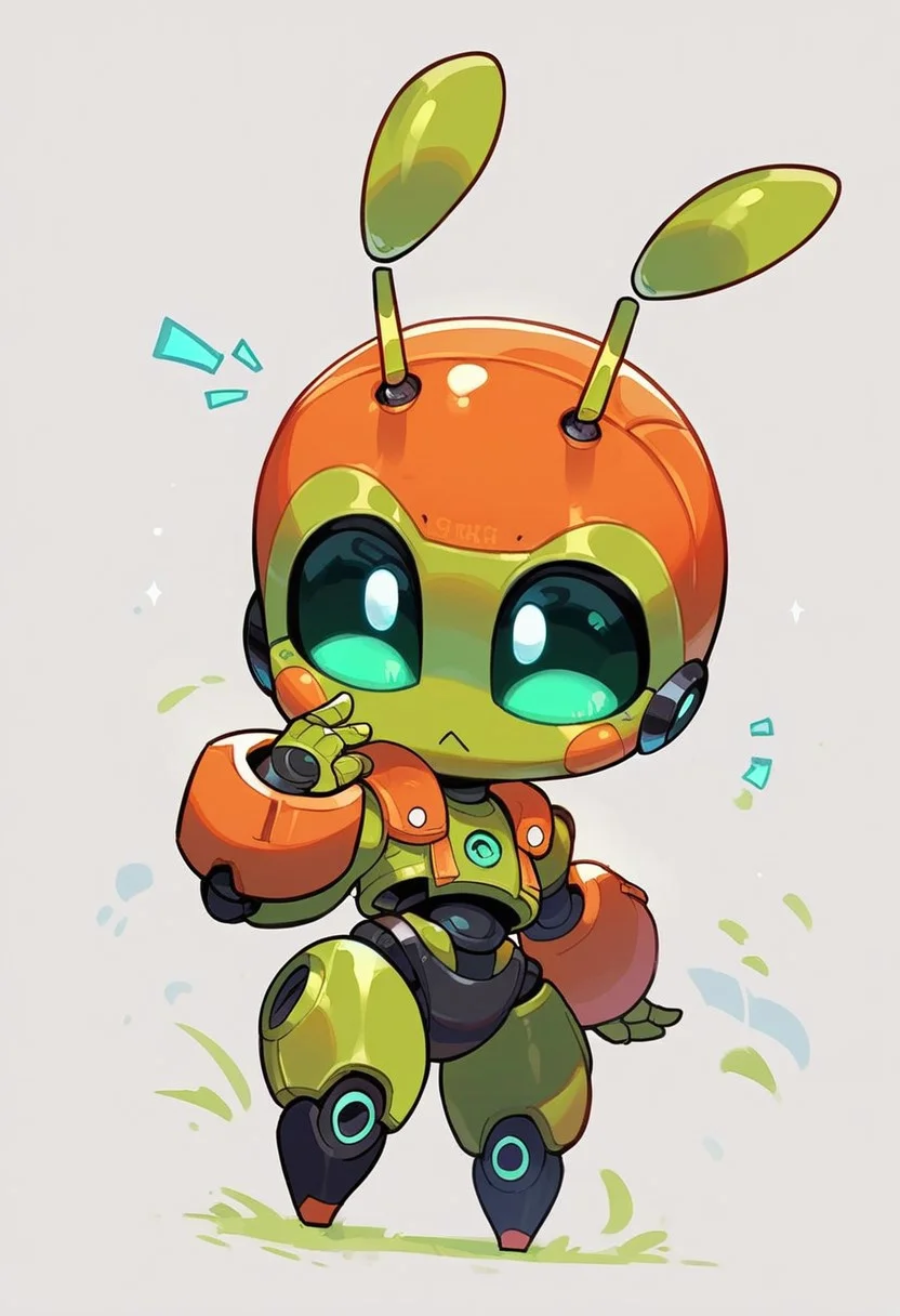 Score_9, score_8_up, score_7_up, score_6_up, cute chibi robot, white and green metal, square head, square body, large antennas, simple background
