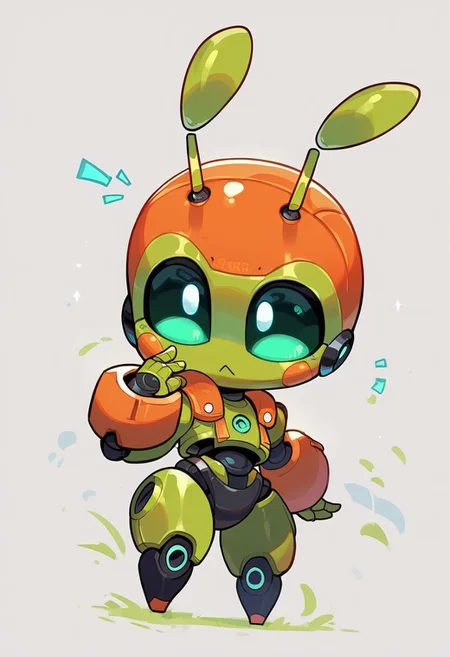 Score_9, score_8_up, score_7_up, score_6_up, cute chibi robot, white and green metal, square head, square body, large antennas, simple background