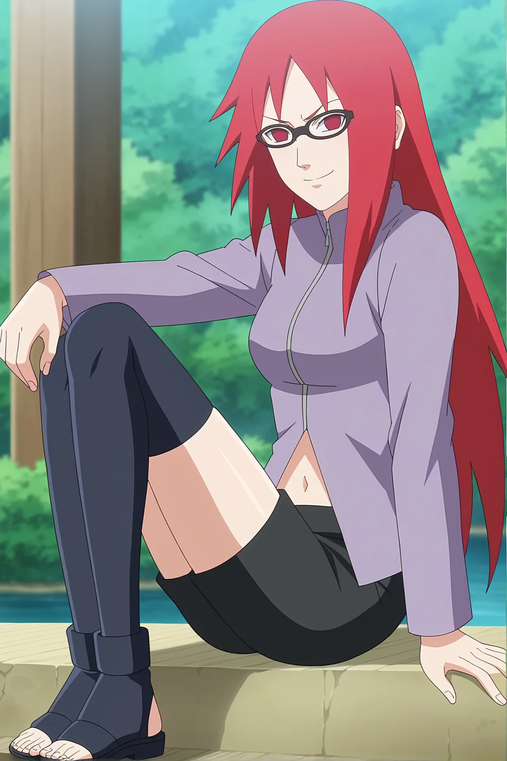 <lora:KarinXL-000020:1>,red hair, 1girl, glasses, long hair, red eyes, solo, long shirt, black thighhighs, black shorts, navel, looking at viewer,medium breasts, long sleeves, smirk,outdoors , no pupils, sitting,legs together, zipper,toeless footwear,
anime screencap, anime coloring,source_anime,naruto \(series\), naruto shippuuden,