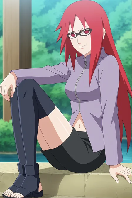 <lora:KarinXL-000020:1>,red hair, 1girl, glasses, long hair, red eyes, solo, long shirt, black thighhighs, black shorts, navel, looking at viewer,medium breasts, long sleeves,  smirk,outdoors , no pupils, sitting,legs together, zipper,toeless footwear, 
anime screencap, anime coloring,source_anime,naruto \(series\), naruto shippuuden,