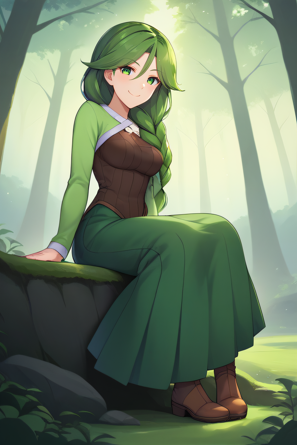score_9, score_8_up, score_7_up, score_6_up, score_5_up, score_4_up, BREAK source_anime, masterpiece, best quality, ultra quality, <lora:Cheryl:1>, cheryl, green eyes, green hair, braid, hair over shoulder, green skirt, long sleeves, looking at viewer, forest background, closed mouth, smile, medium breasts, naughty face, full body, sitting, brown boots, hands on side, side view, long skirt, pleated skirt