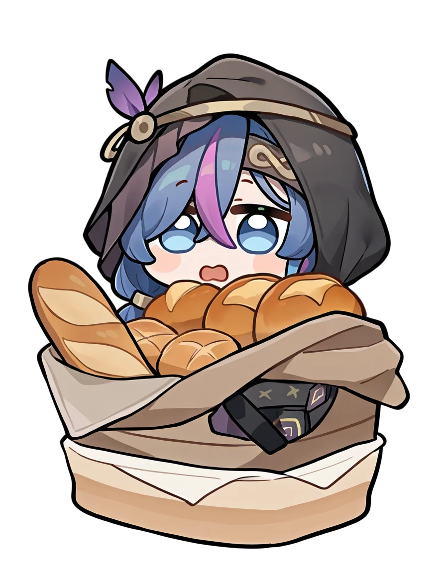 <lora:xingyi_noob:0.9>,xingyi,1girl,solo,bread,blue eyes,white background,food,open mouth,hood,chibi,blue hair,purple hair,multicolored hair,hair between eyes,bangs,
masterpiece,best quality,very aesthetic,absurdres,