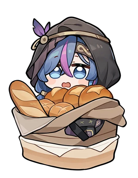 <lora:xingyi_noob:0.9>,xingyi,1girl,solo,bread,blue eyes,white background,food,open mouth,hood,chibi,blue hair,purple hair,multicolored hair,hair between eyes,bangs,
masterpiece,best quality,very aesthetic,absurdres,