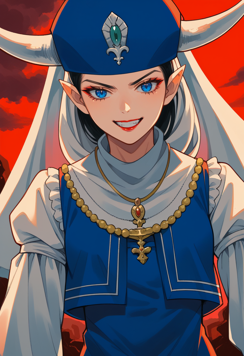score_9, score_8_up, score_7_up, source_anime BREAK 1girl, solo, cowboy shot, hell, red sky, evil grin, looking at viewer, dutch angle
<lora:zs_GemoriXL:1> gemorismt, black hair, medium hair, horns, pointy ears, blue eyes, blue hat, veil, lipstick, necklace, blue dress, puffy sleeves, white sleeves,