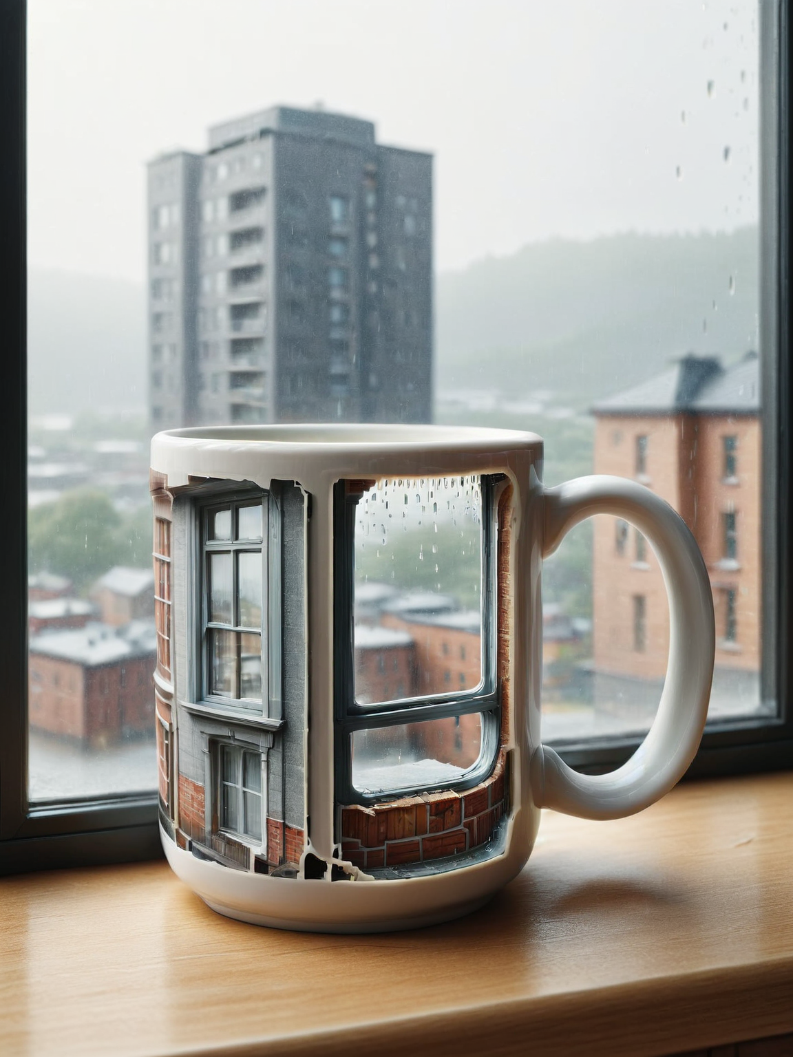 ais-xsection coffee mug, placed on a windowsill with a view of a rainy day outside <lora:Cross_Section_Style_SDXL:1>