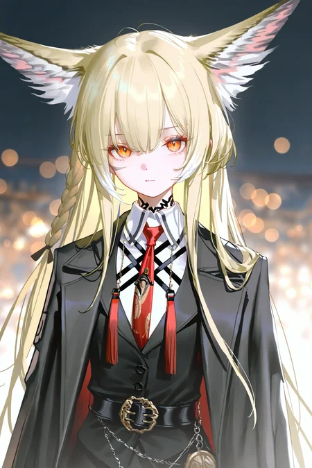 (artist:reoen:0.826446),(artist:machi:0.9),(artist:ningen_mame:0.9),(artist:sho_(sho_lwlw):0.9),(artist:rhasta:0.9),(artist:wlop:0.7),(artist:ke-ta:0.6),(fkey:0.5),(tianliang duohe fangdongye:0.5),(hiten \(hitenkei\):0.6),best quality,amazing quality,(artist:onineko:0.826446),very aesthetic,bokeh,
1girl,vulpisfoglia_\(arknights\),solo,necktie,braid,shirt,red necktie,white shirt,collared shirt,belt,jacket,upper body,black vest,vest,closed mouth,black jacket,black coat,coat,long sleeves,belt buckle,looking at viewer,black belt,buckle,
<lora:nyalia_NoobXL:0.3>,<lora:vulpisfoglia_Noob10XL:1>,
