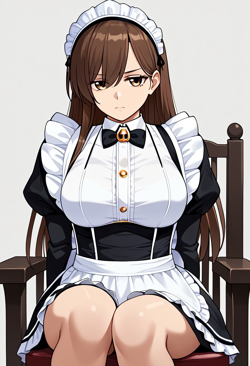 Medium Breasts, 1girl, Solo, Brown Hair, Long Hair, Gold brown Eyes, Maid Uniform, Bored Face, Sitting on Chair