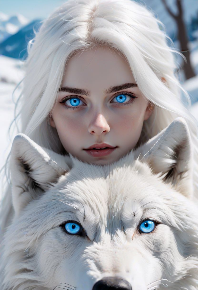 girl with white hair and bright blue eyes looking at viewer, white wolf with bright blue eyes, snowy landscape, close up, 8k, uhd, masterpiece,