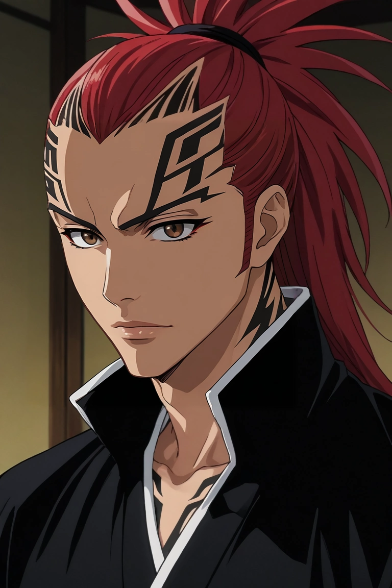 score_9, score_8_up, score_7_up, source_anime, rating_safe, intricate details, anime screencap, , , looking at viewer, , 1boy, solo, male focus, <lora:renji_abarai_pony:0.92>, renji_abarai, red hair, brown eyes, spiked hair, long hair, ponytail, tattoo, , , demon costume, <lora:sdxl_lightning_8step_lora:1>