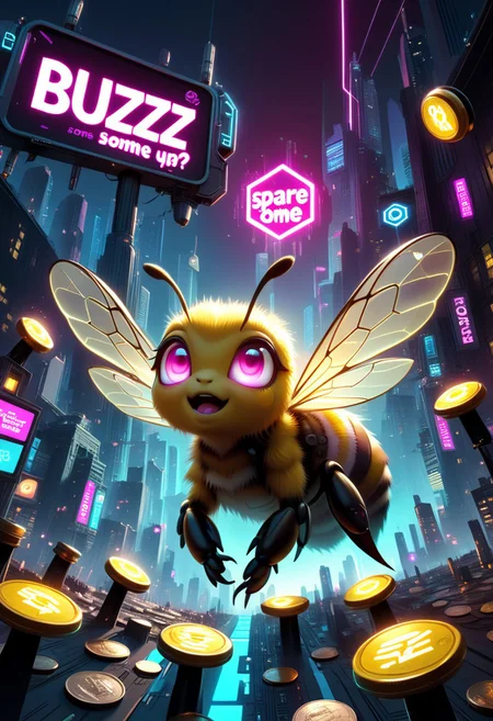 Cyberpunk-style bee, big glowing eyes, looking up hopefully, pov, futuristic, neon-lit, cityscape, holographic "Buzz" coins floating around, glowing sign, "Spare some buzz?", adorable, slightly dramatic,