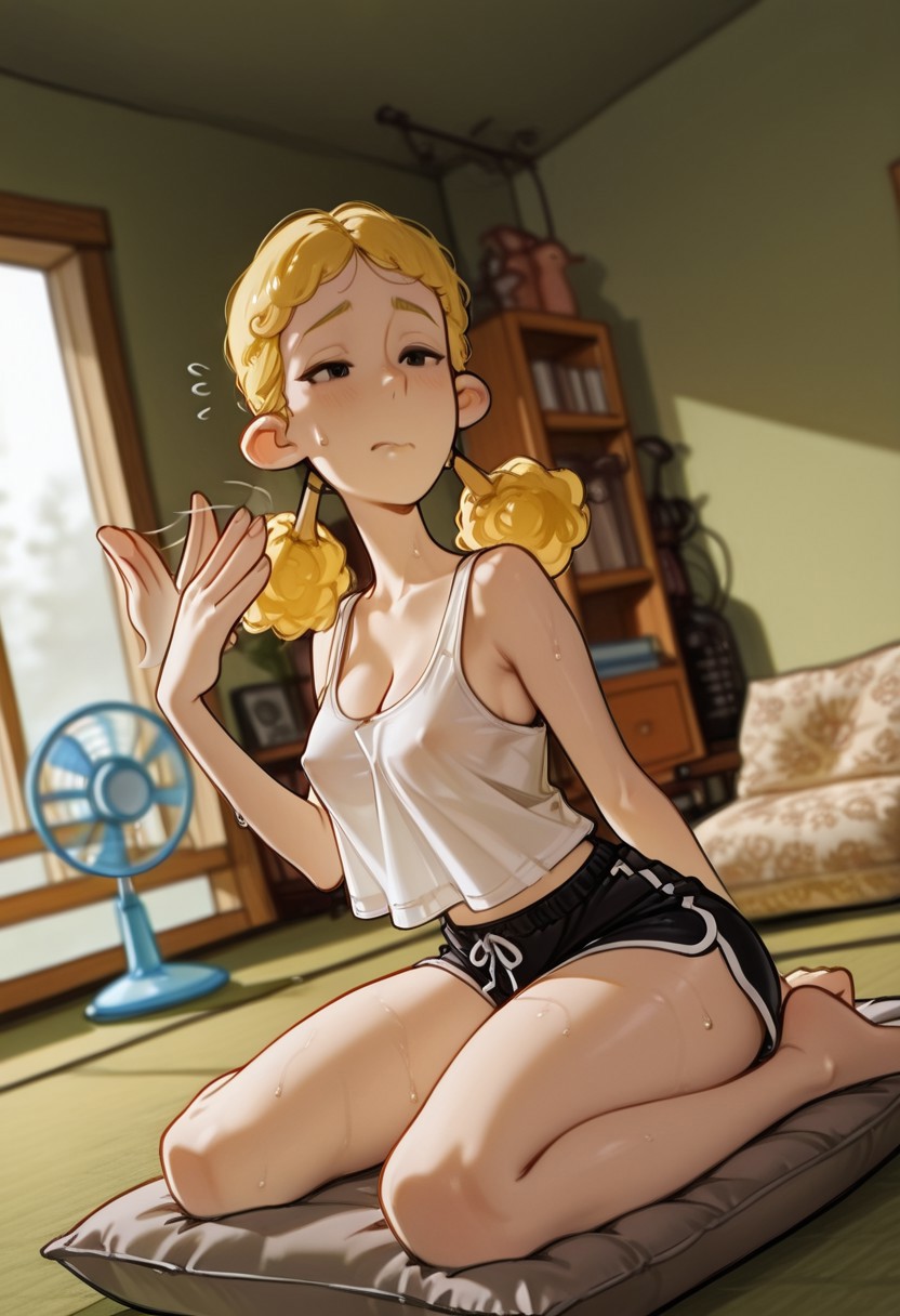 Art8st, masterpiece,best quality,amazing quality,newest,absurdres,highres, newest,very awa, scenery,  anime,flat color,
(dutch angle), from above,
1girl, beautiful face, perfect eyes, detailed eyes,mature female,slim Valeriknd,black eyes, curly yellow hair, 
looking at viewer,
breasts, cleavage, thick thighs,wide hips,
white tank top, shirt overhang,dolphin shorts,
wariza, (fanning self), (pulling own clothes:1.2), covered nipples,
sweat, sweatdrop,
living room, electric fan, tatami,sitting cushion, 
(motion lines),
depth of field,volumetric light,(blurry background:1.2), ,shadow, chromatic aberration, blurry foreground,