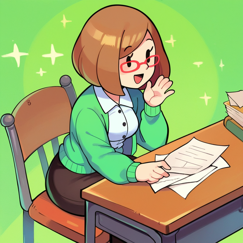 zPDXL, score_9_up, score_8_up, score_7_up, best quality,  source_anime, green background, detailed background, BREAK 1girl, solo, nikki_(/swapnote/), brown hair, dot eyes, red glasses, bob cut, white button shirt, green coat, long sleeves, smile, open mouth, desk, papers, (chair, sitting on chair, sitting at desk:1.3), <lora:PDXL_Nikki_Swapnote:1>