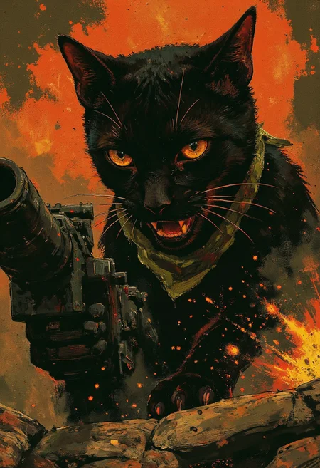 A dynamic medium shot focuses on a sleek black cat, perched on weathered sandbags, body coiled and tense, ready for action. It grips an oversized Gatling gun, ebony claws extended, digging into the metal. Piercing amber eyes reflect fiery explosions. Its mouth is open in a determined snarl, revealing sharp teeth. A tattered military bandana is around its neck. The background is blurred with motion lines, with orange and red streaks. The lighting is dramatic, mimicking comic book contrasts. The atmosphere is energetic and action-packed. The color palette is deep blacks/grays with vivid oranges/reds. The artistic style is inspired by comic book illustration, with bold outlines, speed lines, and a graphic feel, akin to Frank Miller or Mike Mignola.
. m0d3rn1mpr