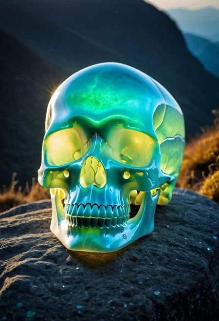 Fujifilm XT3, Sony A7 IV, (award winning photography) a translucent skull made of opal set on a stone ledge in the early morning light, glistening. in the background beautiful valleys, divine iridescent glowing, opalescent textures, volumetric light, ethereal, sparkling, light inside body, bioluminescence, studio photo, highly detailed, sharp focus (highest quality: 1.39) (highest coherency: 1.39) (award winning photography), highly detailed photography, (muted colors, cinematic, dim colors, soothing tones:1.2), vibrant, insanely detailed, hyperdetailed, (dark shot:1.2), (vsco:0.3), (intricate details:0.9), (hdr, hyperdetailed:1.2) (vignette), sss