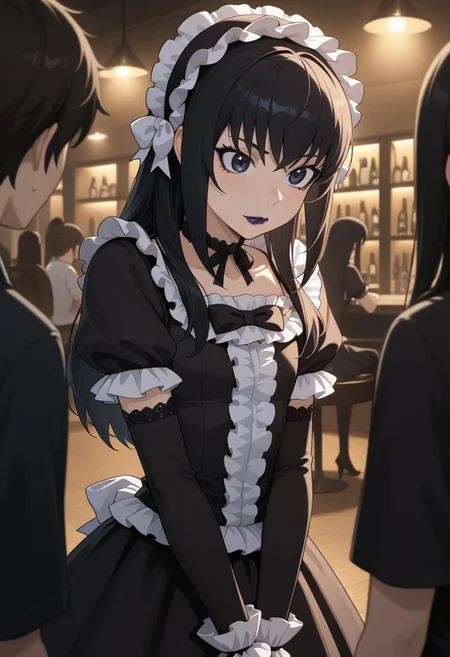 masterpiece, best quality, amazing quality, high detail, absurdres,  kei yuuki, yuuki kei, \(moyashimon\), black hair, dark blue eyes, goth, gothic fashion, black eyeliner, dark purple lipstick, otoko no ko, 1boy, long hair, lipstick, crossdressing, makeup,, cinematic lighting, chiaroscuro, depth of field, nightclub,