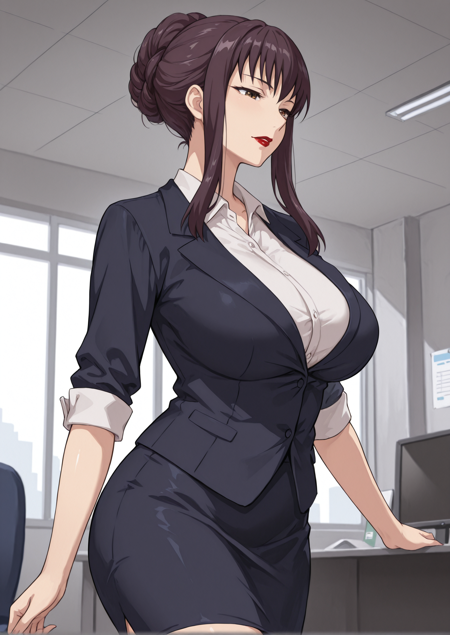 SimplepositiveXLv1, IllusP0s, cowboy shot, <lora:Telepurte:0.3>, <lora:SenriGAN_style:0.3>, <lora:kuroinu_v1_IL:0.3>, kuroinu_style, <lora:milf_body_type:0.5>, milf_body
BREAK
1girl, <lora:Risako_Nagisa:0.8> Risako Nagisa, red lipstick, mature woman, large breasts, updo, no sidelocks, dark blue blazer, dark blue pencil skirt, white collared shirt, rolled sleeves, office lady,
