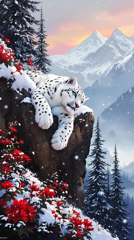 Vibrant brushstrokes dance across the canvas as a majestic white snow leopard lies precariously close to the edge of a rugged cliff. Its paws dangle down amidst crimson flowers blooming in the snow, surrounded by towering fir trees against the somber backdrop of black winter mountains. As night falls, the air is heavy with darkness and gloom, yet a hint of burgundy sunlight lingers on the horizon, casting an ethereal glow across the scene. Winter's chill is palpable as snowflakes gently fall, capturing every detail in high definition.