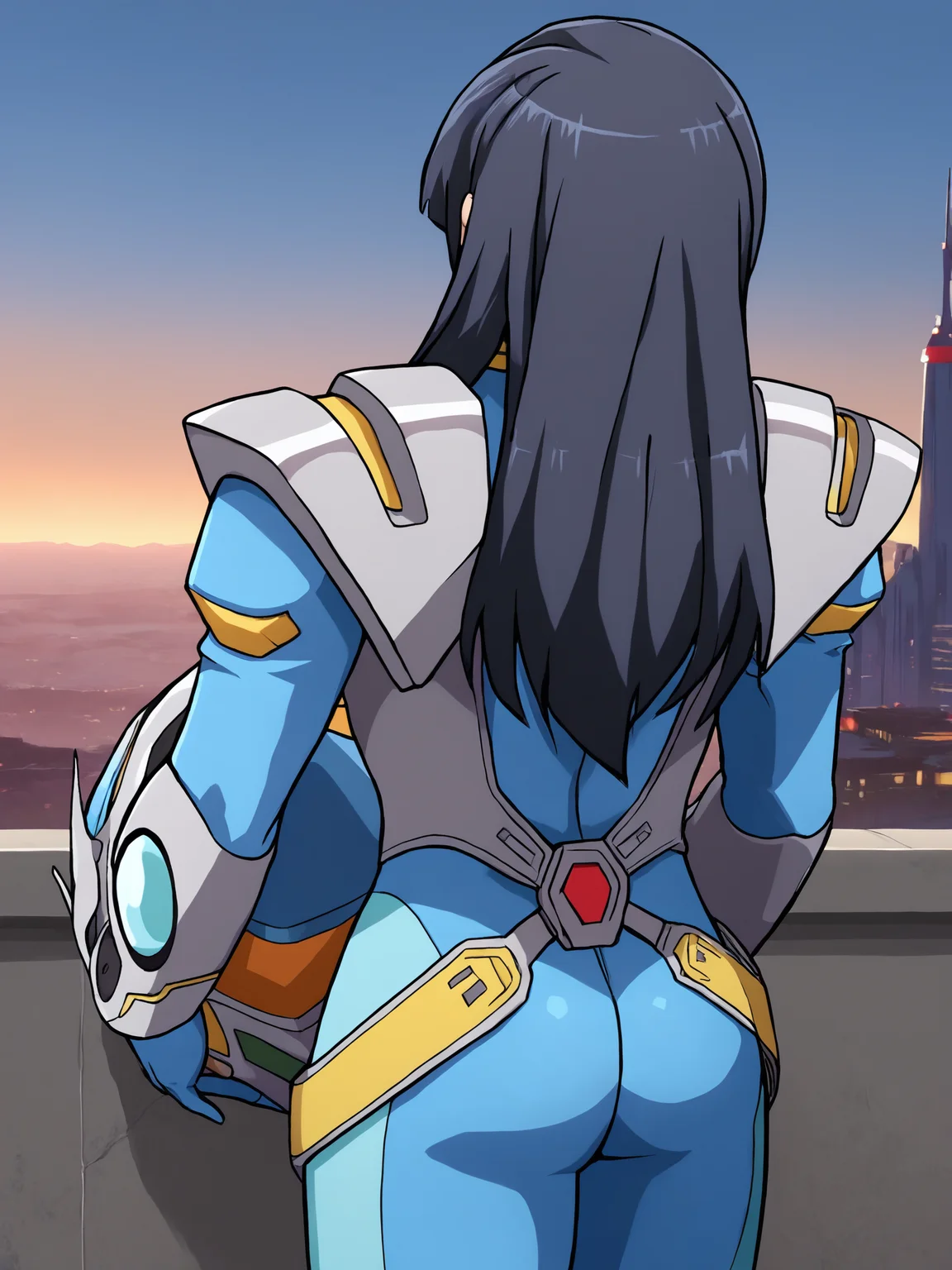 score_9, score_8_up, score_7_up, <lora:offset_0.2:0.1>, <lora:spo_sdxl_10ep_4k-data_lora_webui:1>, BREAK,
1girl, solo, BREAK,
srwbluepilotsuit, blue bodysuit, pauldrons, wrist guards, metal belt, grey armor, helmet, unworn helmet, (holding helmet:1.2), <lora:Pilot_suit__Super_Robot_Wars:1>, BREAK,
black hair, (long hair, straight hair:1.4), BREAK,
facing away, standing, cowboy shot, from behind, ass, BREAK,
outdoors, city, (skyline:1.2), blue sky