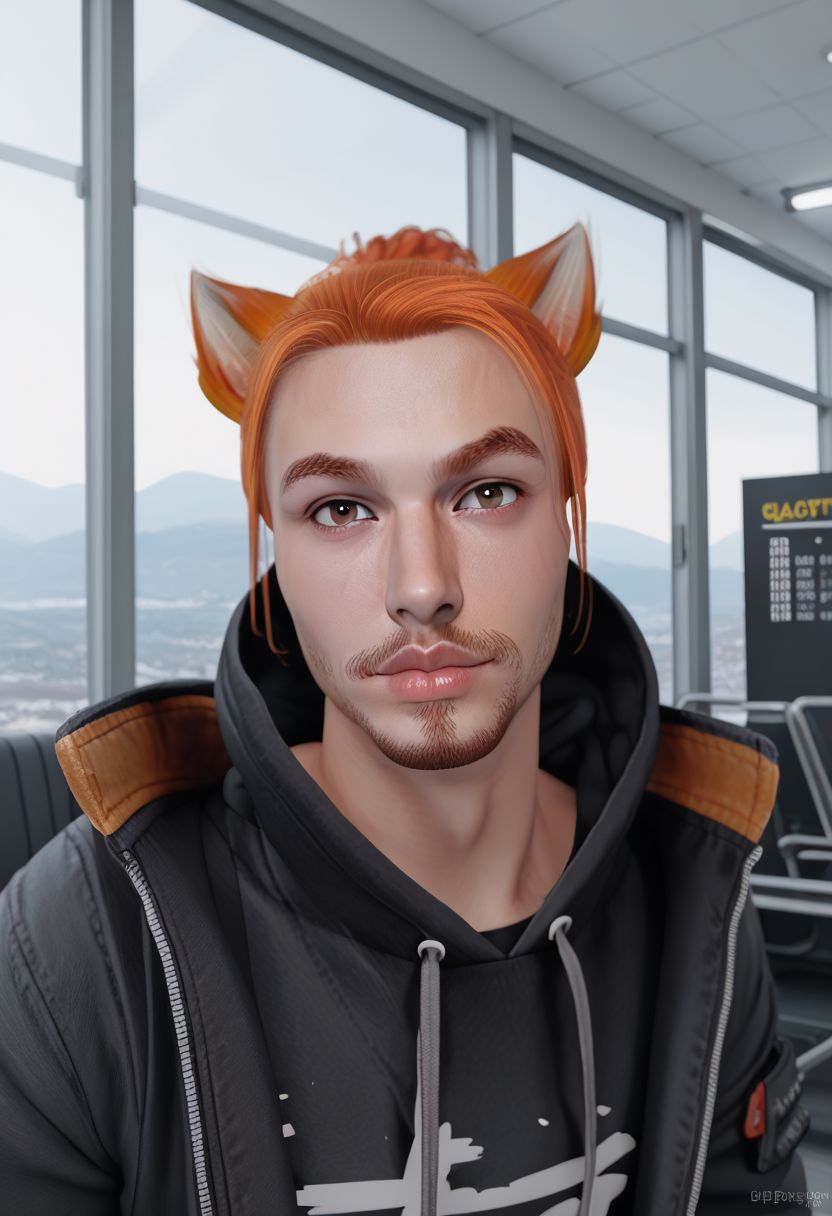 Roiadan Vanzey, solo, looking at viewer, 1boy, animal ears, brown eyes, upper body, male focus, indoors, cat ears, hood, orange hair, lips, facial hair, beard, airport scene, windows, signs, PonyXLV6_Scores zPDXL