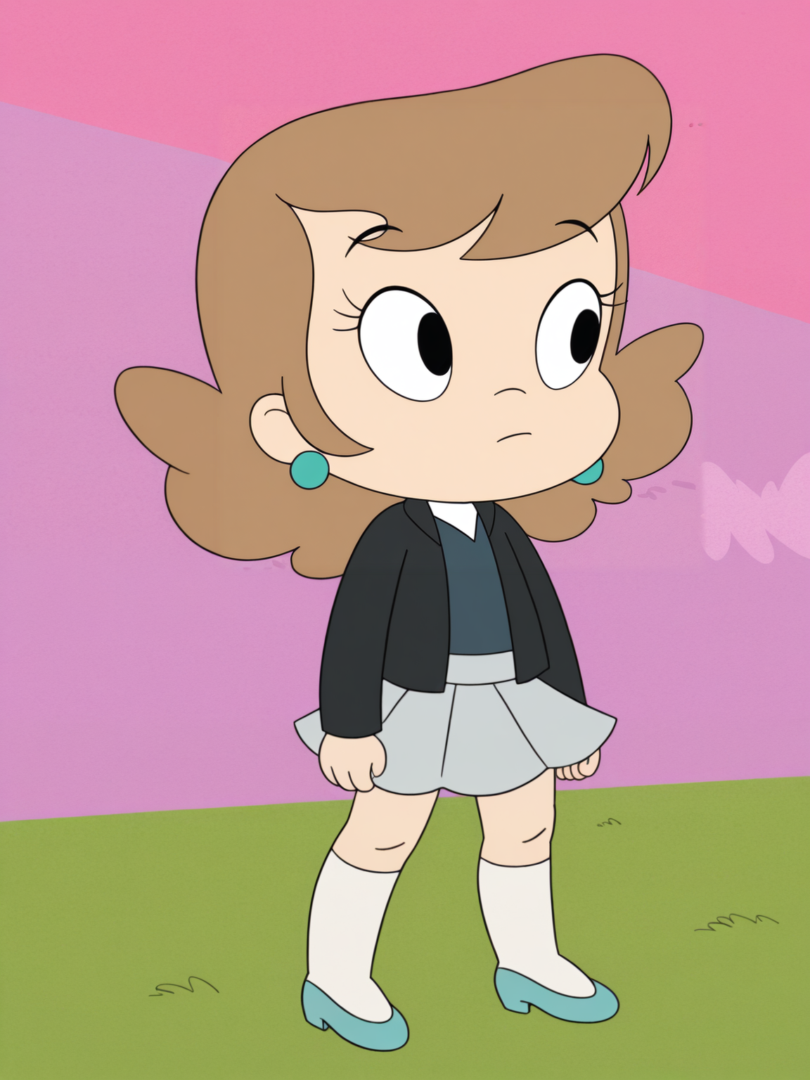 <lora:FrufruIL:0.8> f_u, 1girl, short hair, fair hair, bangs, black eyes, earrings, jacket, vest, shirt, skirt, knee socks, shoes,
