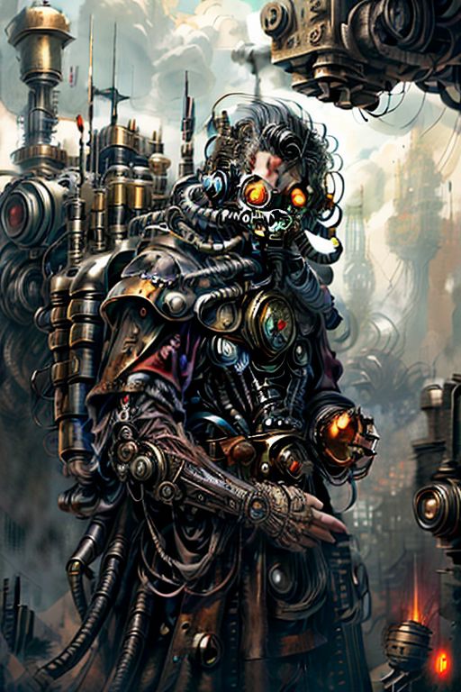 ((masterpiece,best quality)), absurdres, BREAK
mechanical arms, yellow robes, hood, BREAK
((techpriest)), cyborg, mechanical face, mechanical limbs, gas mask, mechanical tentacles, (mechanical backpack), BREAK
1other, solo, holding pistol, firearm, handgun, pistol, gun, BREAK
factory background, smoggy sky, air pollution, smokestacks, BREAK
(SteamPunk),