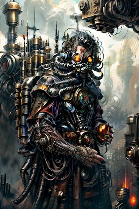 ((masterpiece,best quality)), absurdres, BREAK
mechanical arms, yellow robes, hood, BREAK
((techpriest)), cyborg, mechanical face, mechanical limbs, gas mask, mechanical tentacles, (mechanical backpack), BREAK
1other, solo, holding pistol, firearm, handgun, pistol, gun, BREAK
factory background, smoggy sky, air pollution, smokestacks, BREAK
(SteamPunk),