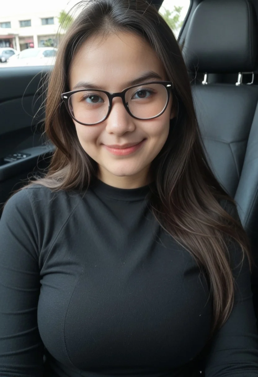 CyberRealisticPony_POSV1, cinematic still of a Indonesian beautiful woman, black long hair, IGO, 1girl, realistic, glasses, innocent, perfect body, large breasts, wide hips, detailed eyes, looking at viewer, smirk, gaming clothes